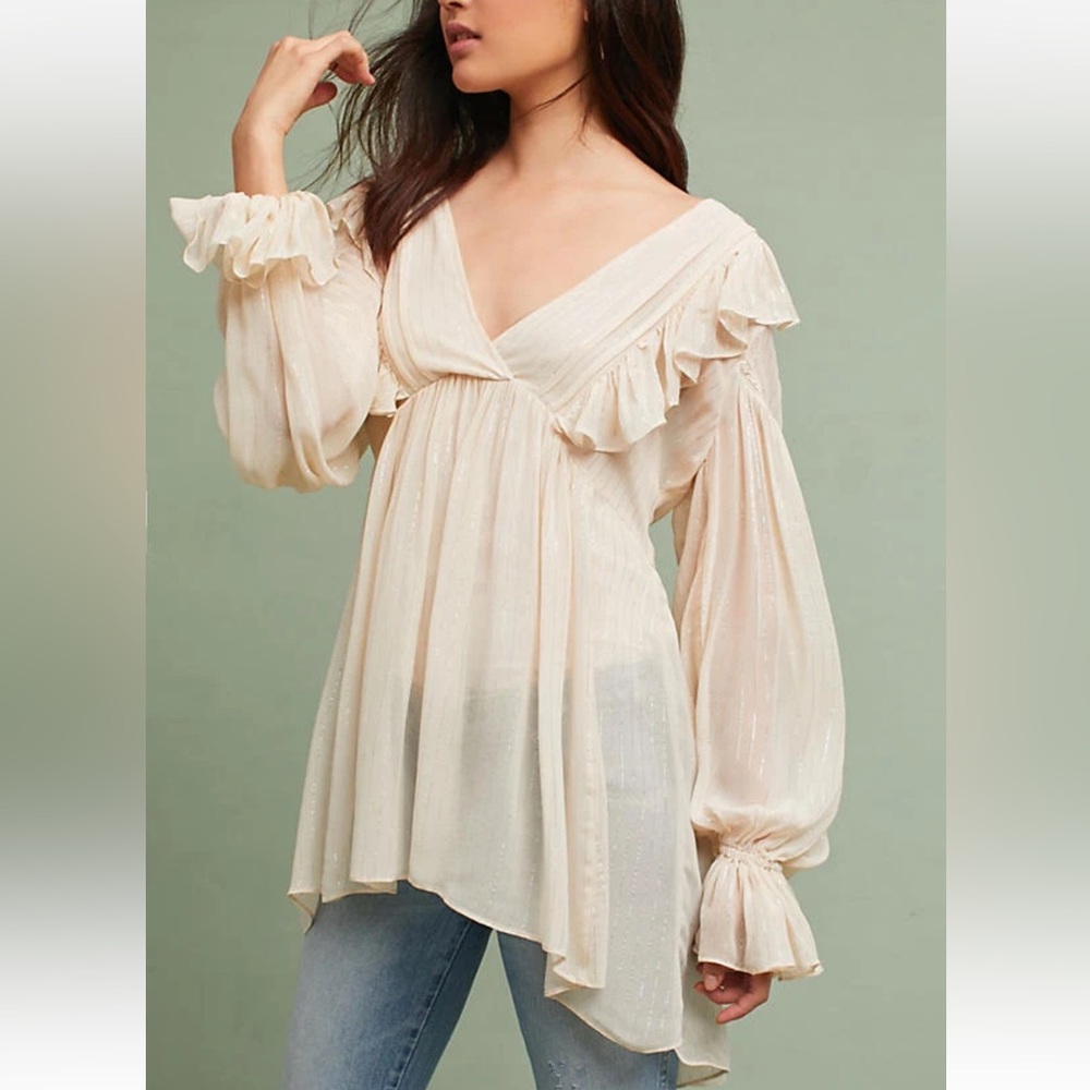 Anthropologie Maeve Wynn Metallic Striped Boho Peasant Flowy Tunic Top Size 14